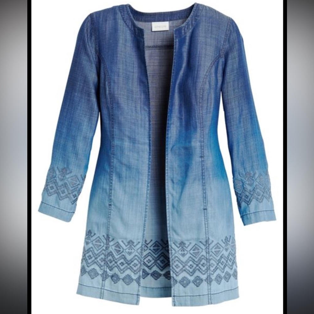 CHICOS Royal Deep Dye Blue Ombre Open Front duster Cardigan top XL embroidery